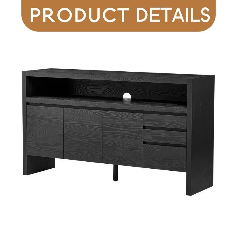 60" 3-Door Sideboard with 3 Drawers - Modern Solid Ash Veneer MDF Sideboard, Semi-Open Shelf & Center Semi-Circular Cutout