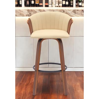 30" Cream And Wood Brown Faux Leather Swivel Bar Height Bar Chair
