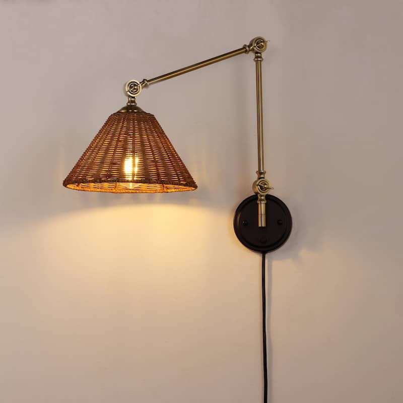 WINGBO Gold Rattan Swing Arm Wall Lamp Set of 2 Adjustable Wall Mounted Sconce - N/A