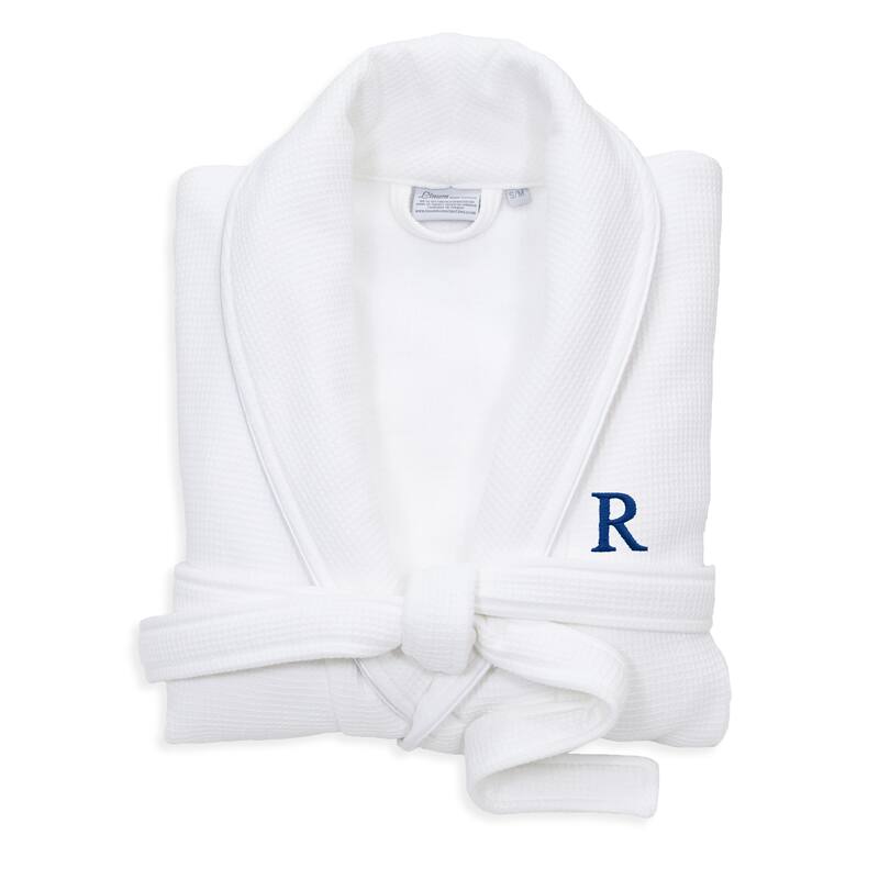 Authentic Hotel and Spa White Unisex Turkish Cotton Waffle Weave Terry Bath Robe with Navy Block Monogram - S/M - R
