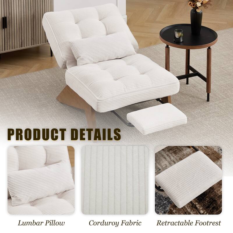 HOMEFUN Upholstered Modern Multi-Position Adjustable Wooden Base Lounge Chair with Footrest and Lumbar Pillow