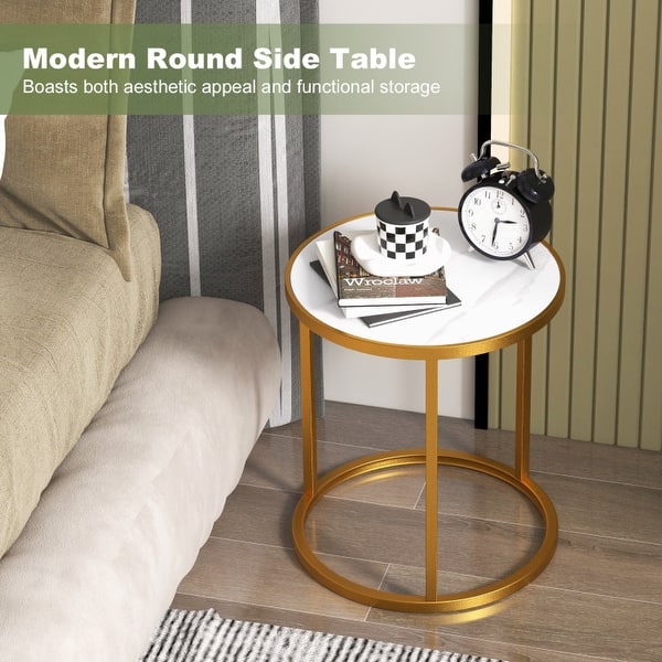 Marble Top Round Side Table 16-Inch End Table with Golden Metal Frame ...