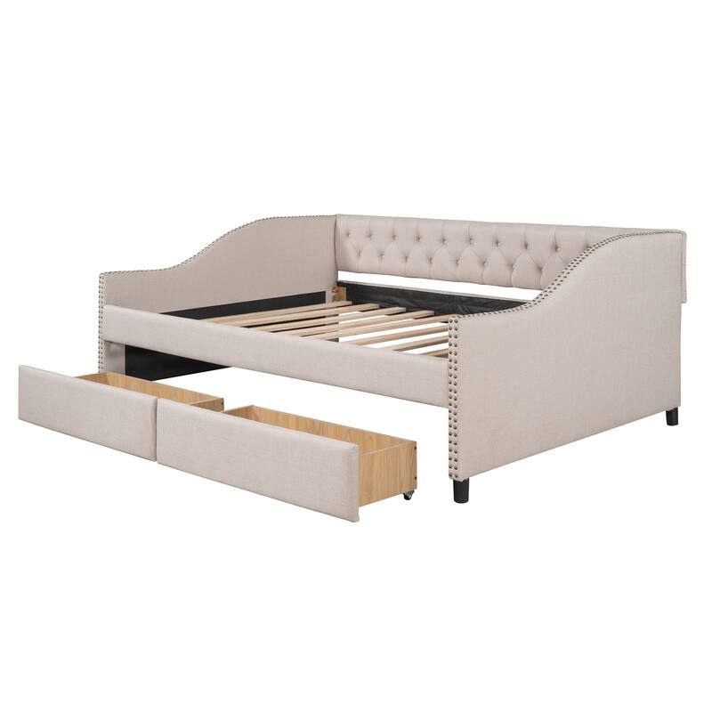 Full Size Fabric Upholstered Daybed with Two Storage Drawers and Nailhead Trim & Wood Slat Support