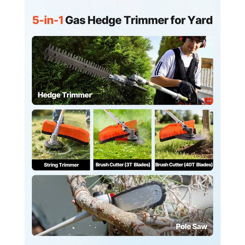 63CC Gas Hedge Trimmer 5-in-1 Multi-Function Pole Saw Brush Cutter Lawn Edger - Hedge Trimmer: 92.5 x 11 x 11.8 in