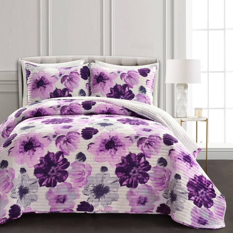 Levine Reversible Floral/ Damask 3-piece Quilt Set - Purple - King