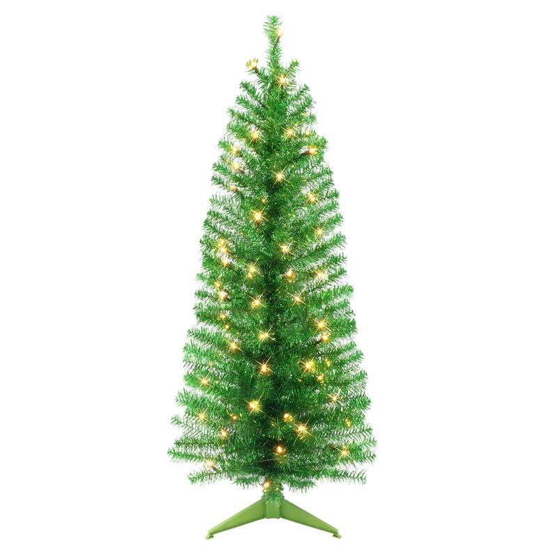 4.5' Pre-lit Green Tinsel Slim Artificial Christmas Tree, Clear Lights - 4.5 Foot