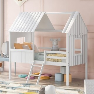 Twin Size Low Loft Bed with with Two Side Windows, House-shaped Bed with Ladder, Pine Wooden Bed with Guardrail, White
