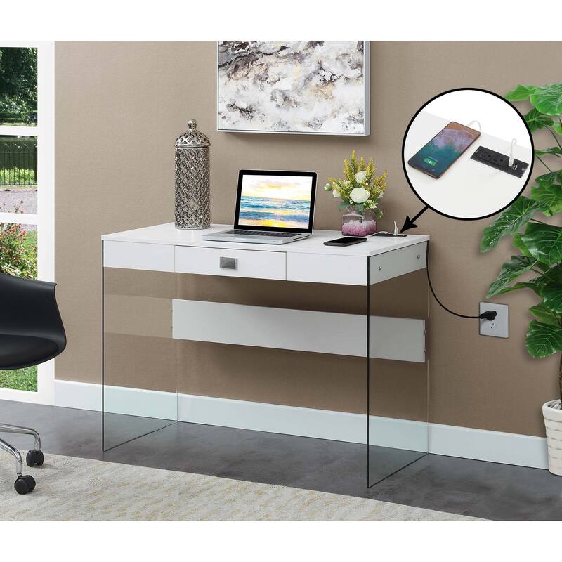 Convenience Concepts SoHo 42" Glass Desk with Charging Station - White/Glass