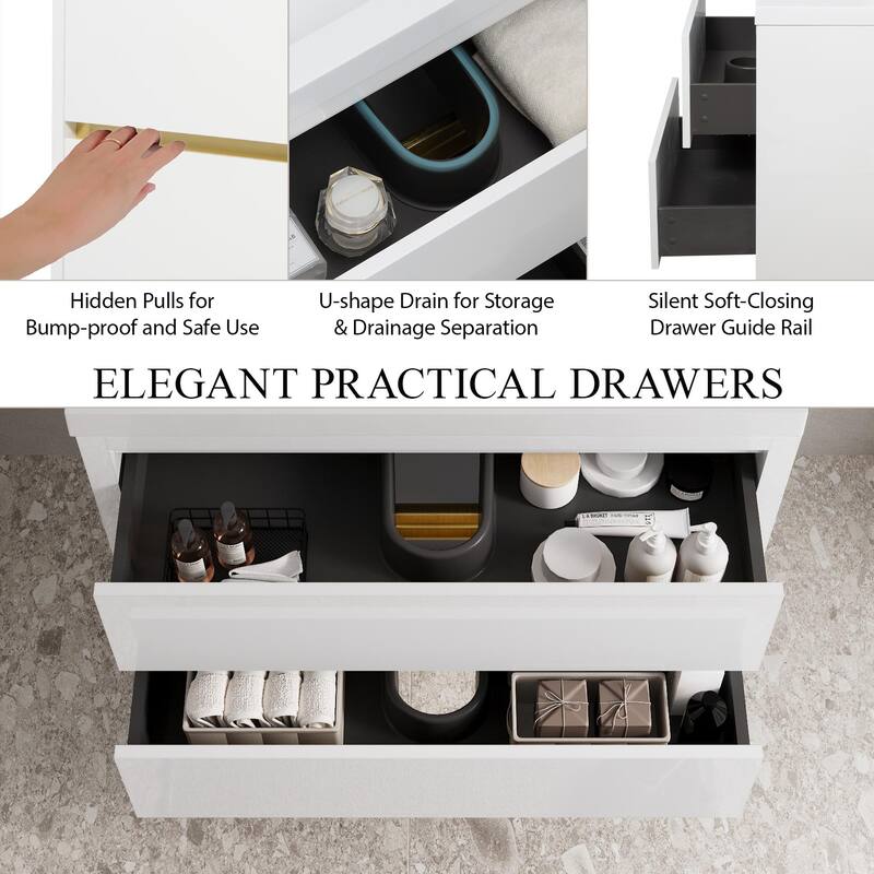 24"/30"/36" Wall-Mounted Bathroom Vanity with Sink, Floating Cabinet, Stone Resin Countertop, Glossy White, Soft-Close Drawers