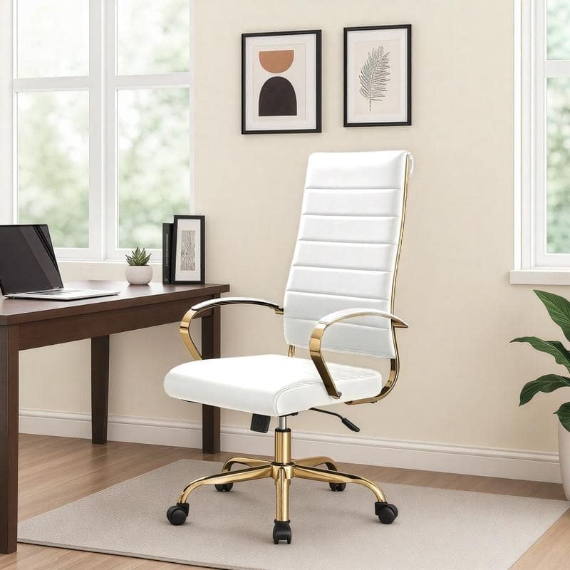 LeisureMod Benmar High-Back Leather Office Chair With Gold Frame - Red - 24.5"Dx22.5"Wx46"H