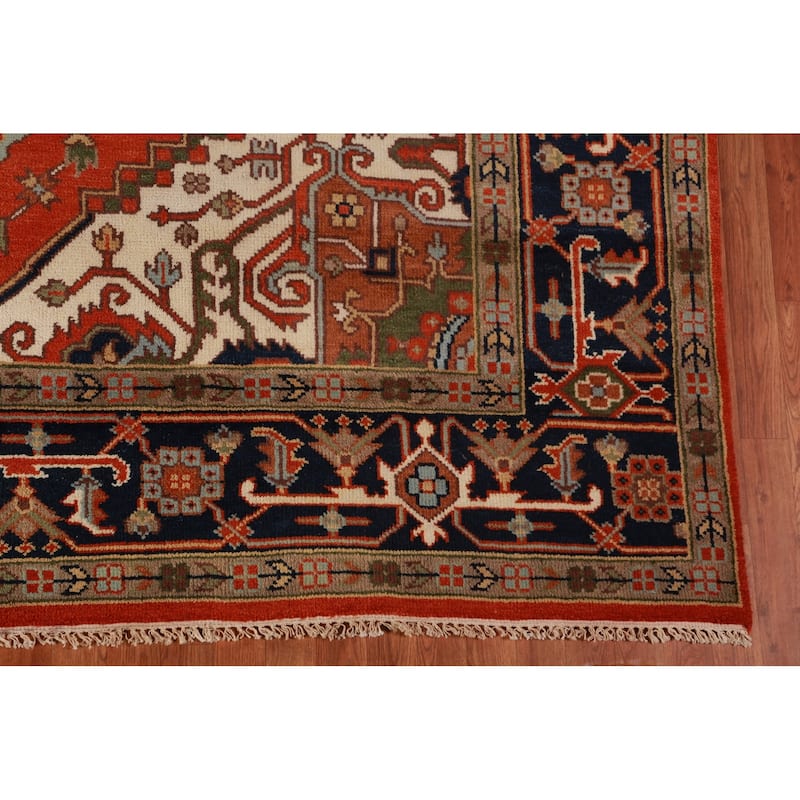Geometric Heriz Serapi Indian Rug Hand-Knotted Oriental Wool Carpet - 8'11" x 11'11"