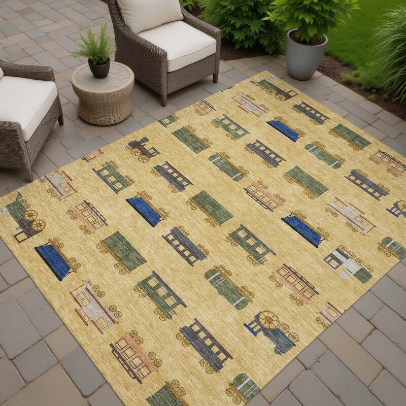 Machine Washable Indoor/ Outdoor Modern Train Chantille Rug