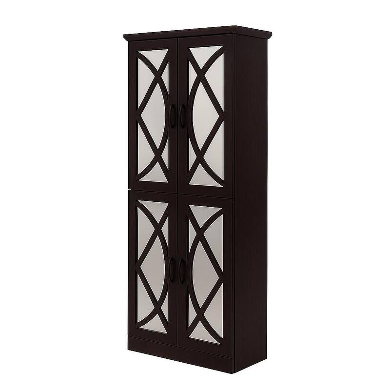 The cabinet has four doors, each adorned with a distinctive crisscross geometric overlay that adds a touch of sophistication