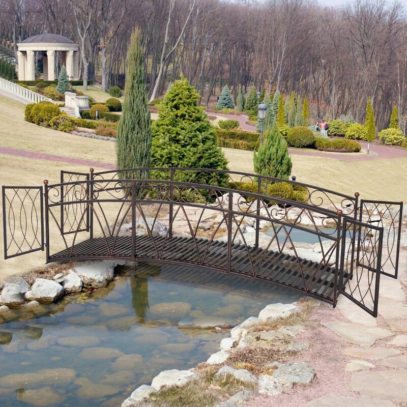 8 Ft Metal Garden Bridge w/Gate and Siderails, Long Iron Garden Arch Bridge Footbridge for Creek, Stream, Fish Pond, Black