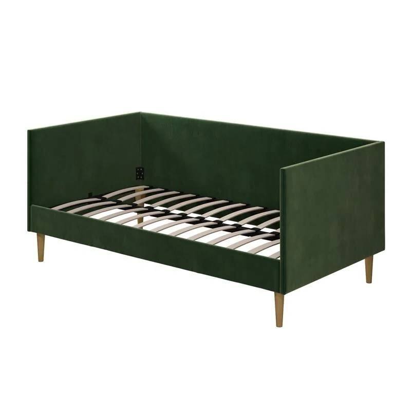 Velvet Upholstered Daybed with Wood Slat Base and Mid-Century Modern Design