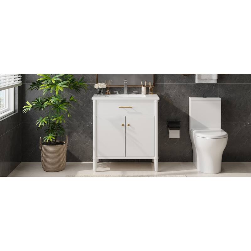 Bathroom Vanity with Ceramic Sink, Wooden Bathroom Storage Cabinet, Bathroom Cabinet with Soft Close Doors & Adjustable Shelf