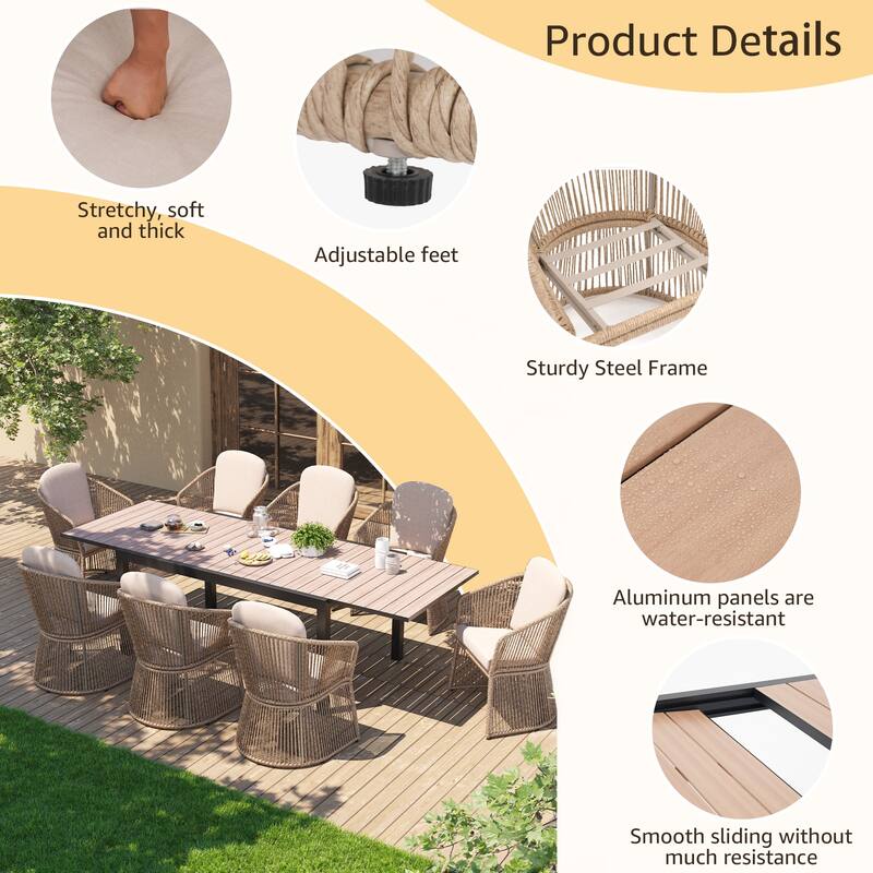Outdoor Patio Dining Sets with Rattan Chairs and Aluminum Extendable Dining Table for 8 Persons