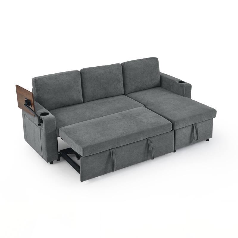 Modern Chenille Multi-functional Pull-Out Bed Sofa with Retractable Table and LED Lighting