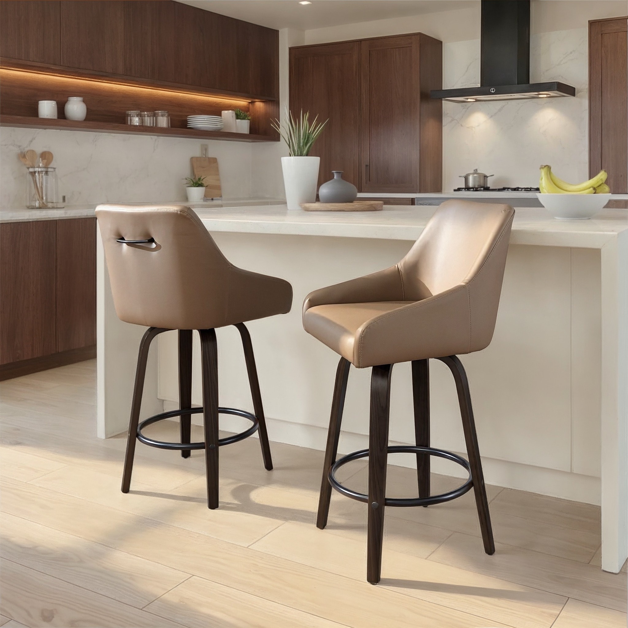 The Gray Barn Hadley 26" Fixed-Height Upholstered Counter Stool with Bent Wood Legs & Round Footrest (Set of 2)