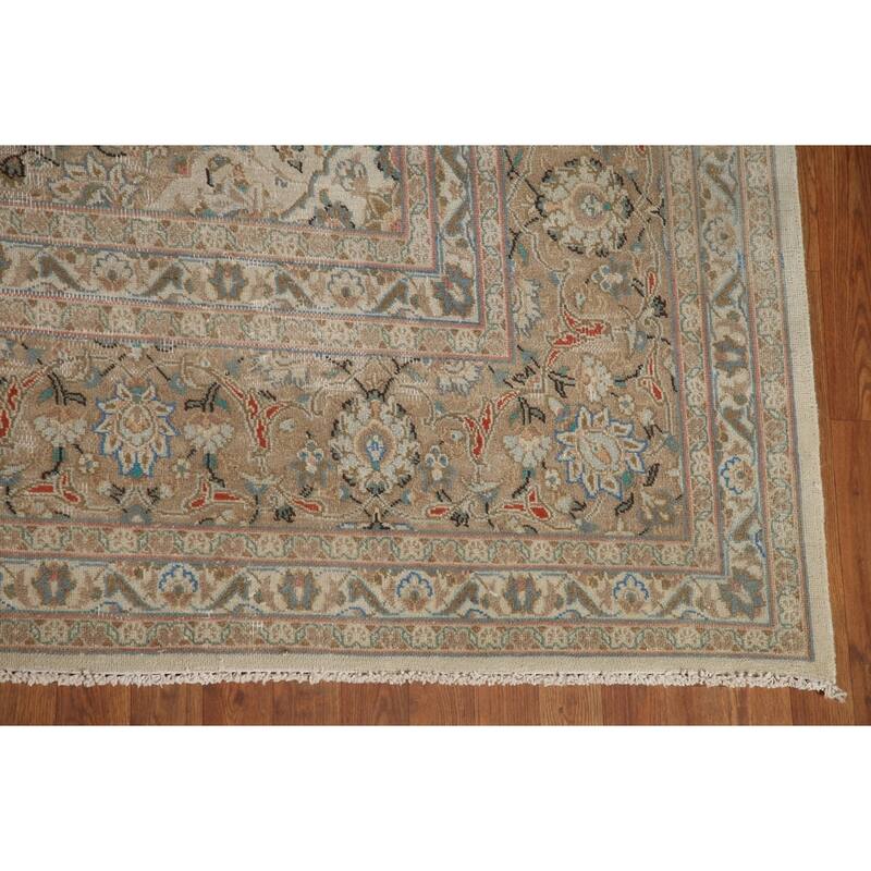 Hand Knotted Oriental 100% Wool Carpet Traditional Floral Beige & Ivories Kashan Area Rug - 12' 8'' X 9' 10''