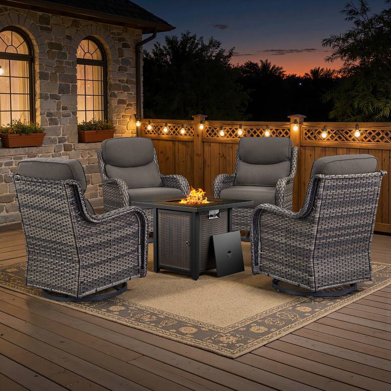 Meyreso 5-Piece Outdoor Patio Wicker Fire Pit 4 person Conversation Set with 5-Inch Thick Cushions - Gray Cushions - Gray Wicker