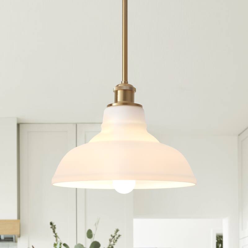 1-Light Adjustable Dome Shaded Pendant Light with Cream Glass Shade, Semi Flush Mount Chandelier for Dining Room Living Room - Antique Brass and Milky White