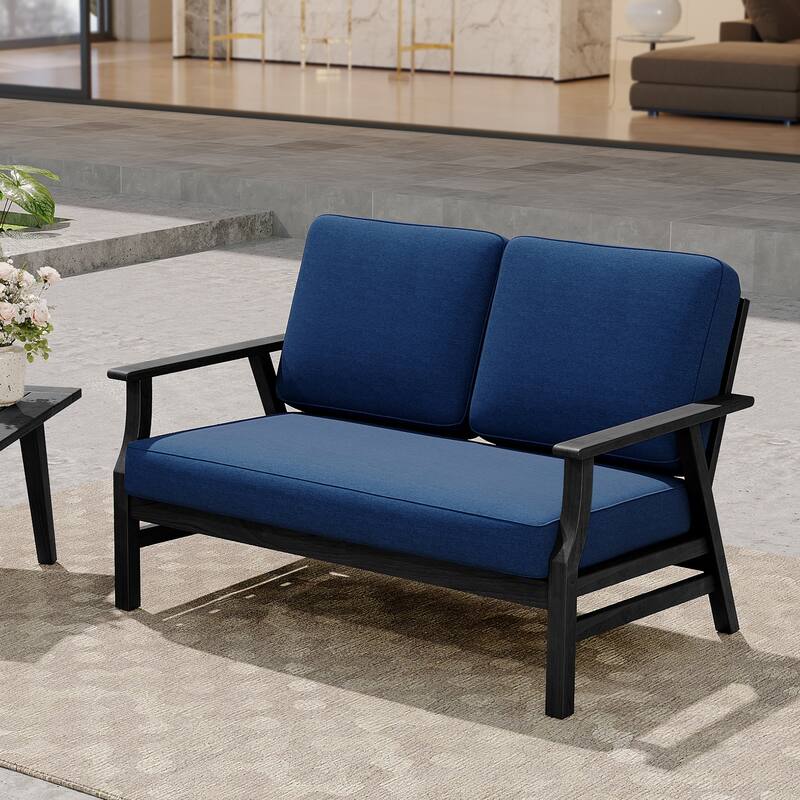 Casual Wood Cushioned 5-Piece Outdoor Patio Conversation Set - 2-Seat Loveseat - Navy