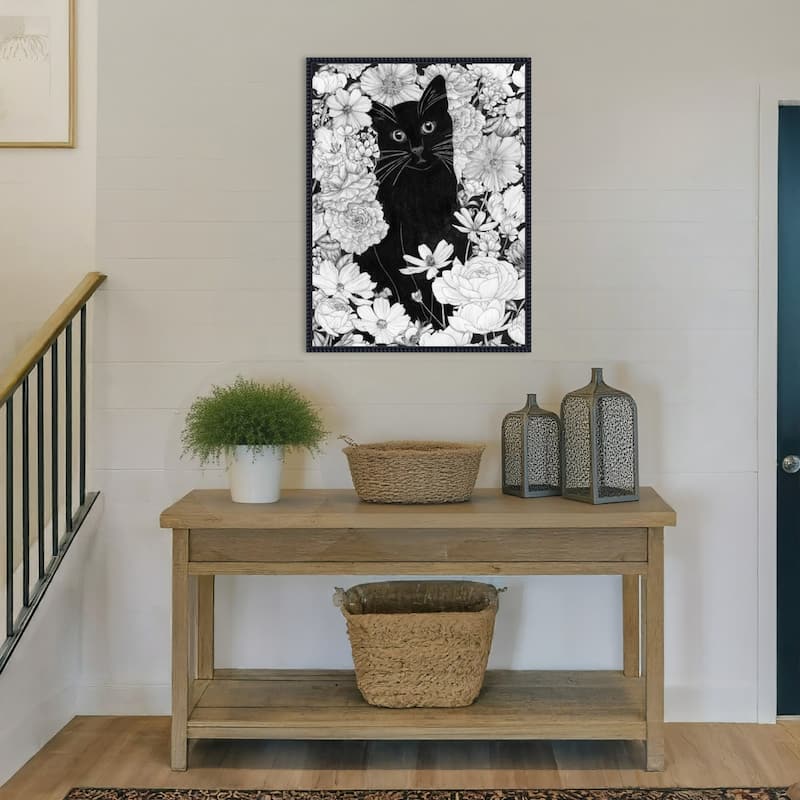 Little Black Garden Cat by Ec Mazur Framed Canvas Wall Art