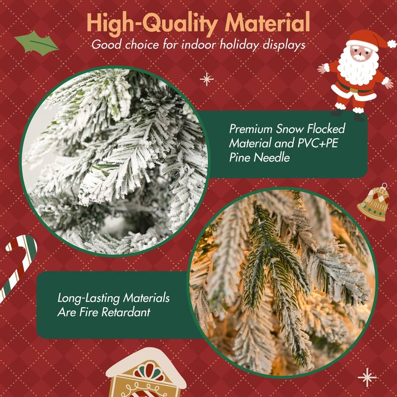 3 Pac Snowy Flocked Christmas Decor with Warm LED Lights, 9ft Flocked Garland, Flocked Wreath, 6ft Flocked Tree - N/A