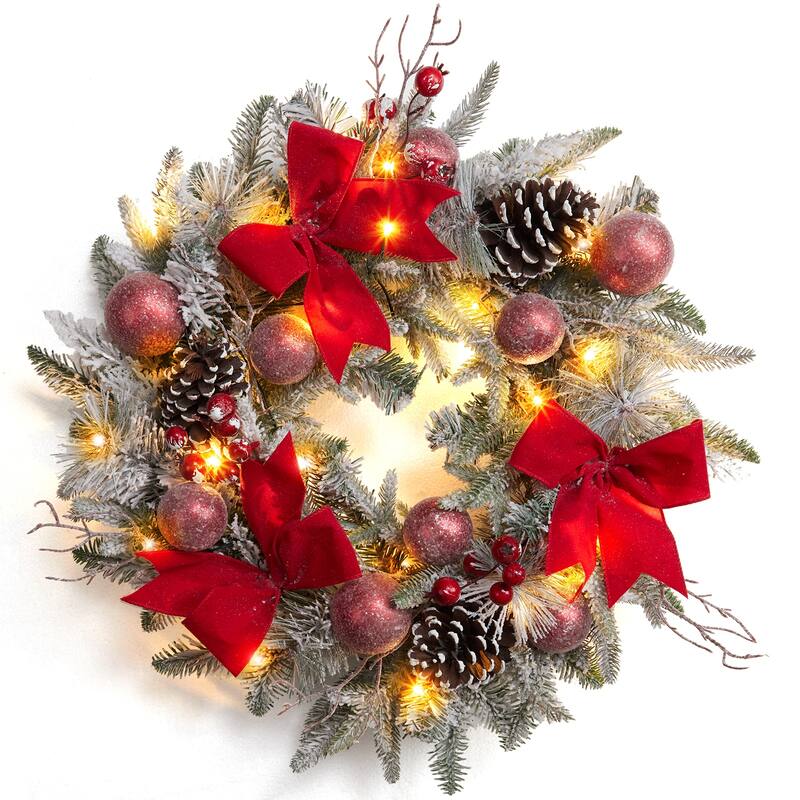 24" Pre-Lit Lighted Flocked Christmas Wreaths for Front Door - N/A - Red
