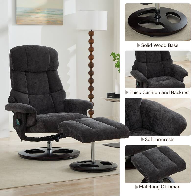 Recliner Chair with Ottoman, Modern 360° Swivel Lounge Chair with Footstool, Chenille Fabric, 5 Point Vibration Massage