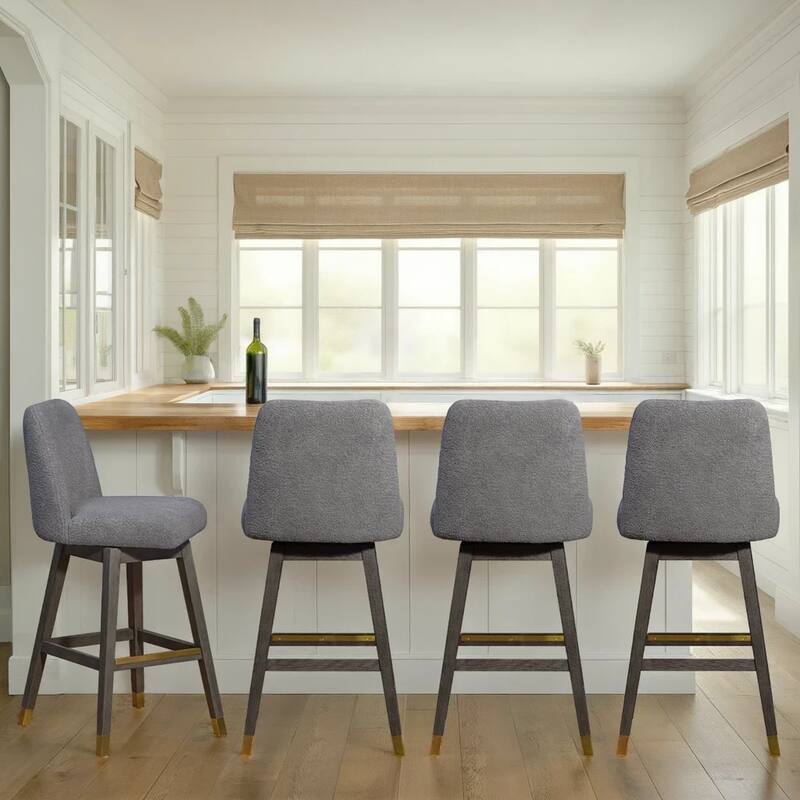 Amalie Upholstered Bar Stool, Swivel Counter Chair with Solid Wood Frame - Set of 4 - Grey Boucle - Bar Height