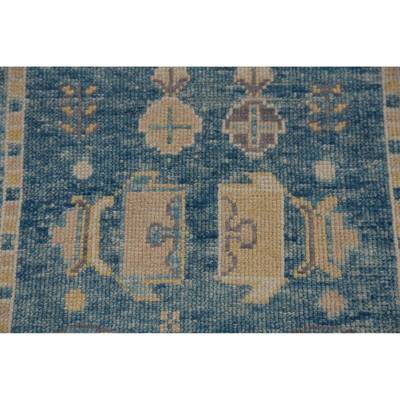 Hand Knotted Oriental 100% Wool Carpet Transitional Geometric Navy Blue & Blues Oushak Runner Rug - 14' 4'' X 2' 10''
