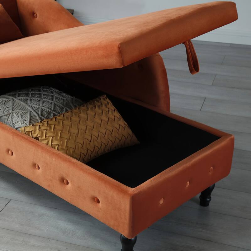 Modern 60" Velvet Upholstered Buttons Tufted Chaise Lounge Chair with Solid Wood Legs and Storage