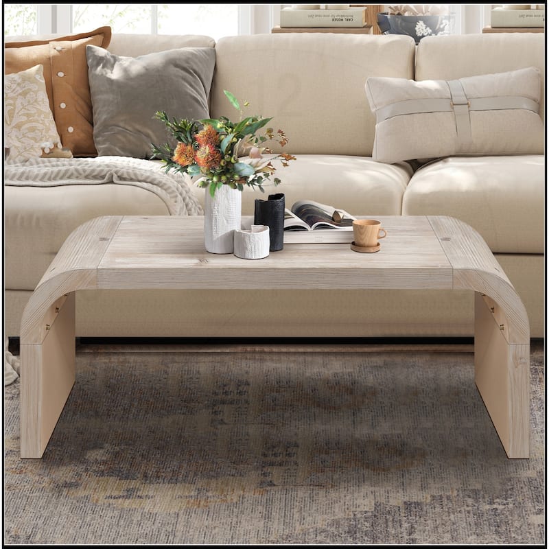 Farmhouse Vintage Crafts Coffee Table,Curved Art Deco Design - Natural Wood Wash