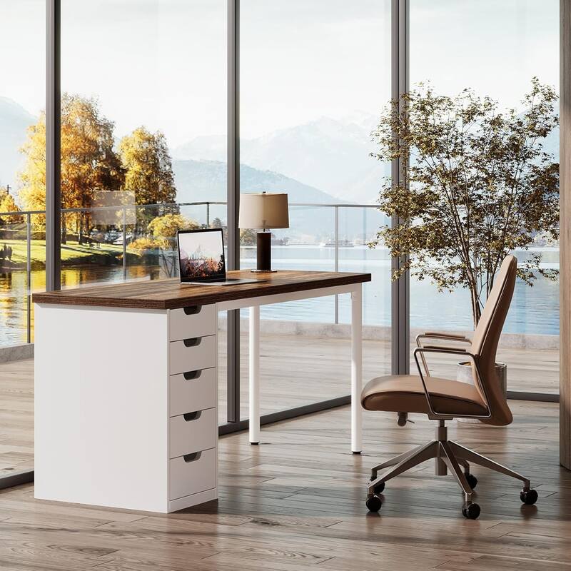 Modern Computer Desk with 5 Reversible Drawers, Storage Home Office Desk, PC/Laptop Desk, Study Writing Table Workstation