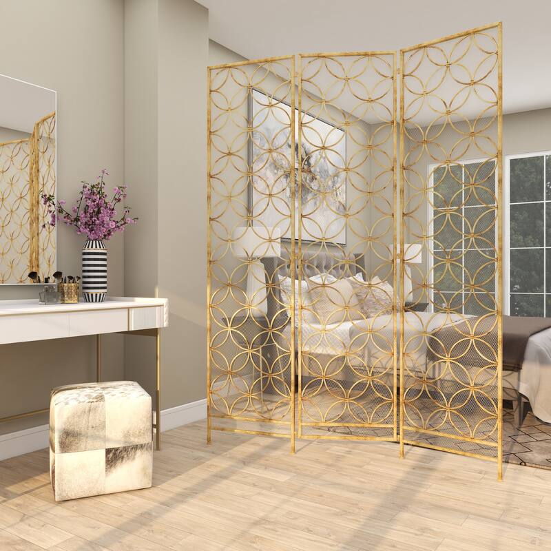Brass Metal Hinged Foldable Partition 3 Panel Geometric Partition Room Divider Screen - 57 x 79