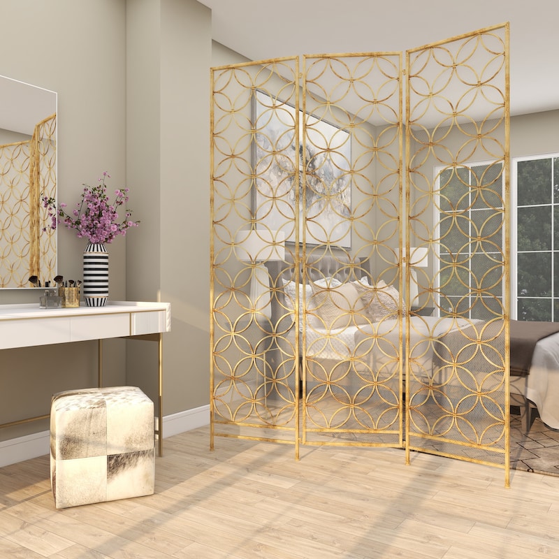 Metal Geometric Hinged Foldable Partition 3 Panel Partition Room Divider Screen - Brass - Roche River Decor