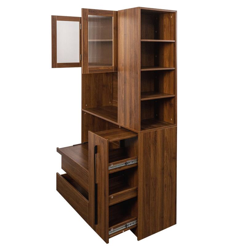 Roomfitters Kitchen Pantry Cabinet with Pull-Out Storage Shelf, Microwave Stand and 2 Drawers, Freestanding Food Hutch, Walnut