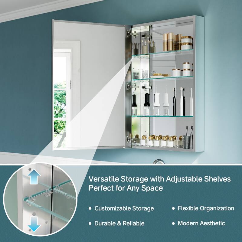 24x36" Tri-View Mirrored Medicine Cabinet, Soft-Close Blum Hinges, Reversible Bi-View Door, Recess/Surface Mount, Aluminum Body