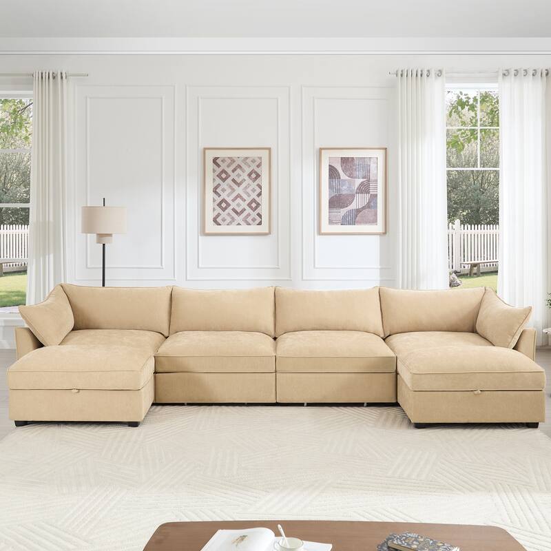 4- Deep L-Shaped Seater Sectional Sofa Couch with 2 Movable Storage Ottoman & Pull out Drawers Under Each Seat