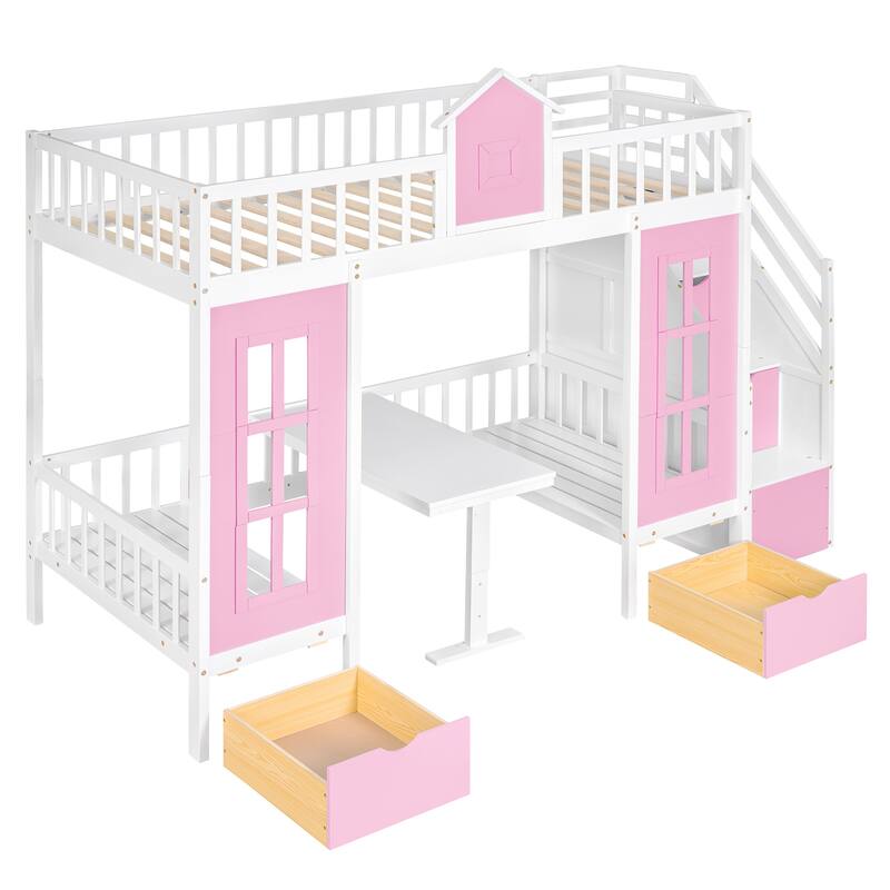 Twin-Over-Twin Bunk Bed with Changeable Table with 2 Drawers