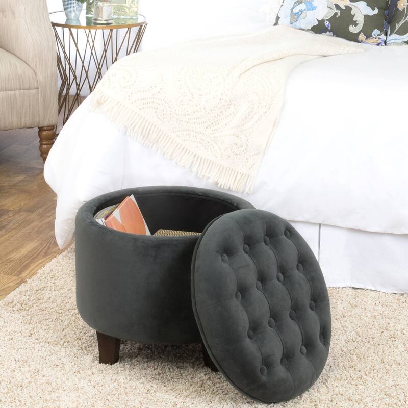HomePop Velvet Round Storage Ottoman Gunmetal