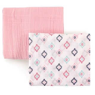 Hudson Baby Infant Girl Cotton Muslin Swaddle Blankets, Pink Aztec, One Size - Pink Aztec - 2-Pack