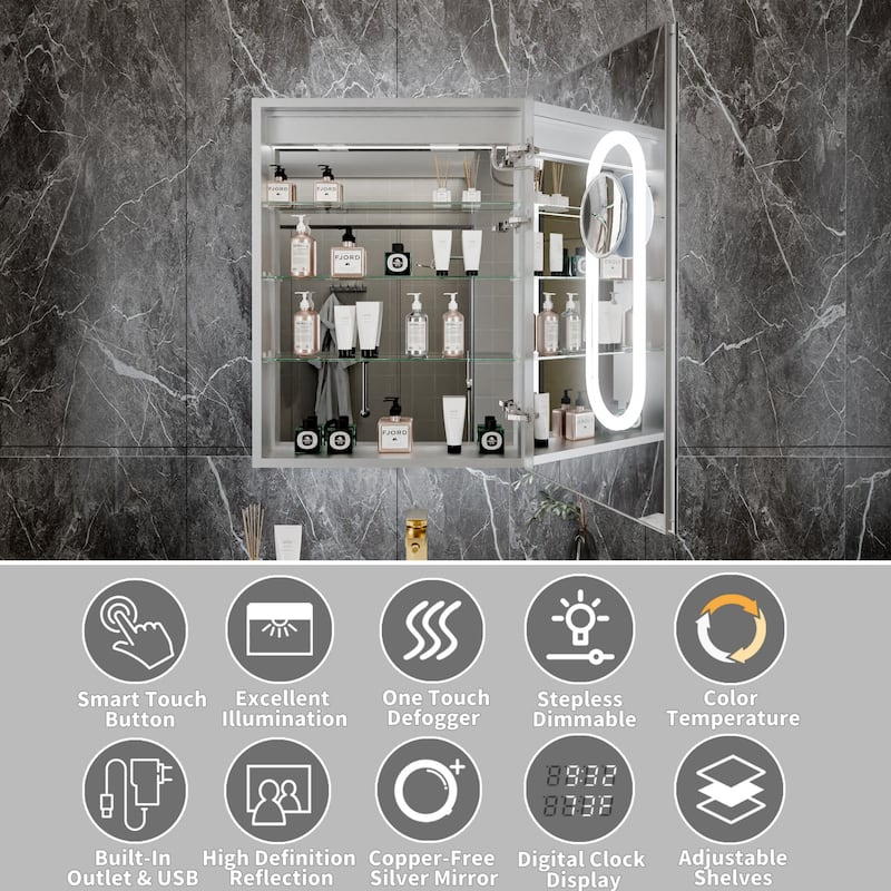 Modland Recessed Smart Mirror Cabinet 24-48x32" with Lights, Anti-Fog, Outlet & Magnifier - Adjustable Shelves