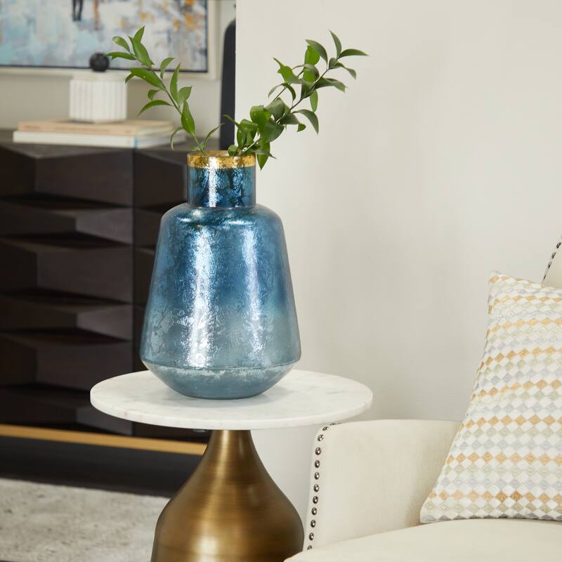 White or Blue Glass Vase with Gold Rim - 10 x 10 x 14 Round - Blue