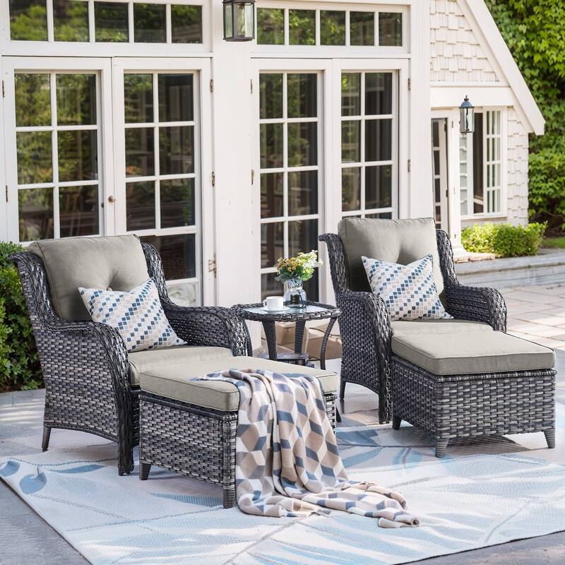 Outdoor Rattan Chair with Coffee Table and Ottoman - 5PCS - Patio Chair w/ Ottoman Table - Grey Rattan - Grey Cushion