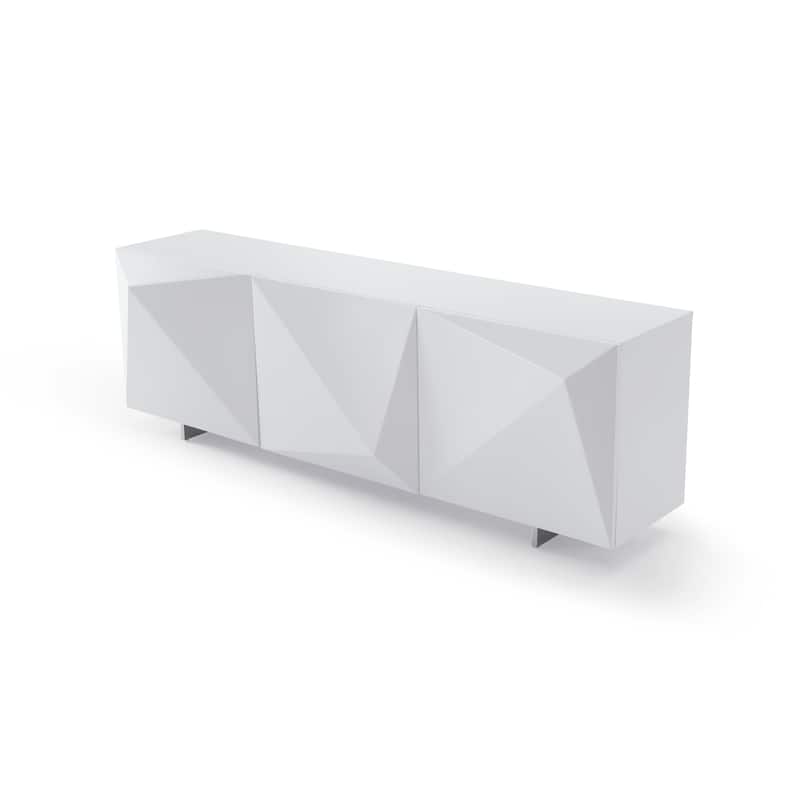 HomeRoots 87" White Wood Carved Geometric Sideboard With Three Doors - 87.00 in. x 29.00 in. x 20.00 in.