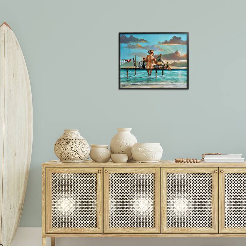 Stupell Woman & Cats Beach Sunset Framed Giclee Art Design By Ronald West