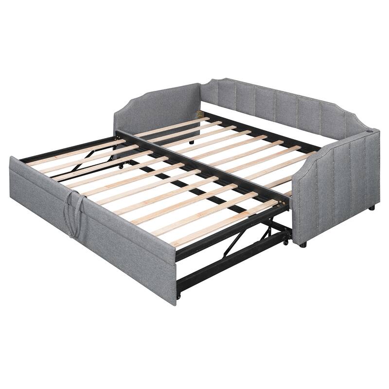 Twin Size Upholstered Daybed with Pop-Up Trundle & USB Charging Ports